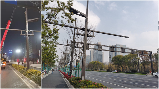 China Maat het Staalstraatlantaarn Pool van Verlichtingskolommen met Wapens voor Camerasteun leverancier